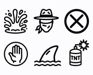 Collection of Warning Icons Presenting Possible Hazards and Risks Featuring Explosives Dangerous Animals Forbidden Actions Water Hazards and Disguised People