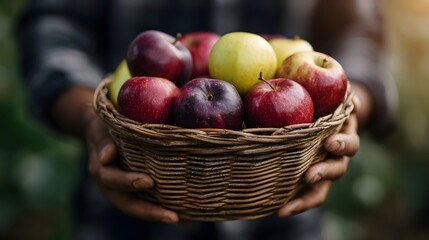 A person s hands hold a rustic woven basket filled with fresh ripe red and yellow s emphasizing a bountiful harvest