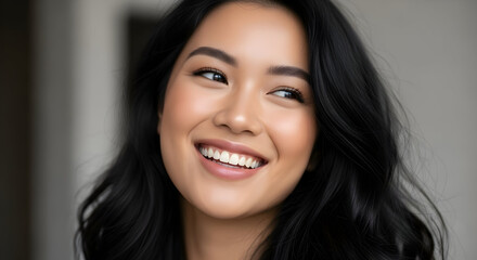 Naklejka premium Beautiful smiling young woman with long dark hair and radiant skin looking happy and confident in a casual setting for lifestyle and beauty themes