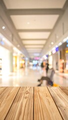 Blurred indoor mall scene with a wood table in the foreground