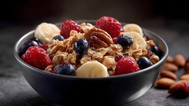 A dark bowl filled with granola fresh berries banana slices and pecans