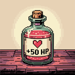 Pixel health potion bottle, heart label with plus fifty hit points, retro game item, wood table, nostalgic vector