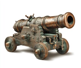 Antique bronze cannon isolated on white background for historical imagery