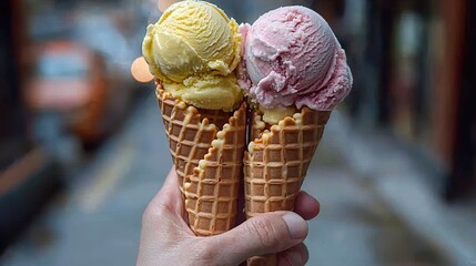 Hands Holding Ice Cream in Crispy Waffle Cones with Sweet Frozen Dessert for Summer Treat Concept
