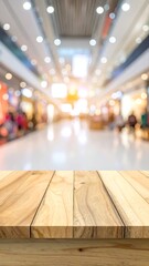 Blurred shopping mall interior with a wooden table in the foreground