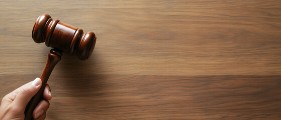 Gavel in Hand: Law & Order. Wood background. Implies authority, justice, legal proceedings. Room for text/graphics. Dark brown gavel, human hand, wood.