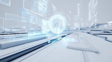 A futuristic digital interface with glowing circular elements and transparent data screens in a sleek, modern environment.