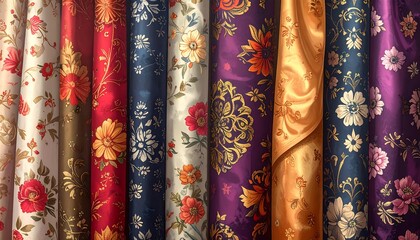 Colorful fabric rolls with floral patterns