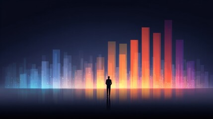 Financial Visionary: A lone silhouette stands before a vibrant cityscape. The scene conveys the themes of business, strategy, and the pursuit of growth and innovation.