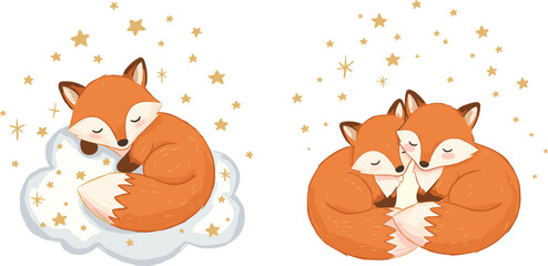 Cute sleeping fox, adorable fox family, night sky illustration, cozy woodland animals, dreamy stars, peaceful wildlife, cartoon artwork, bedtime illustration, fantasy art