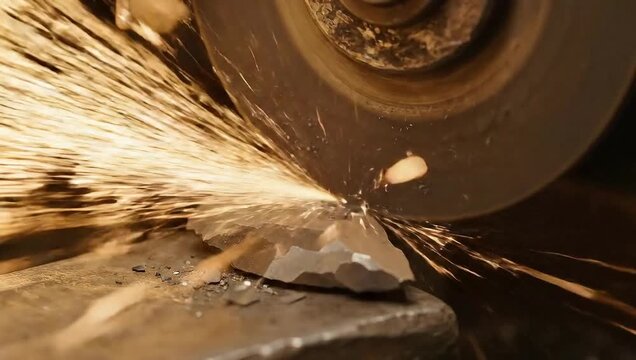 Ancient Craft Meets Modern Precision Extreme Close-up of Stone Tool Shaping on Grinding Wheel with Brilliant Golden Sparks Flying.