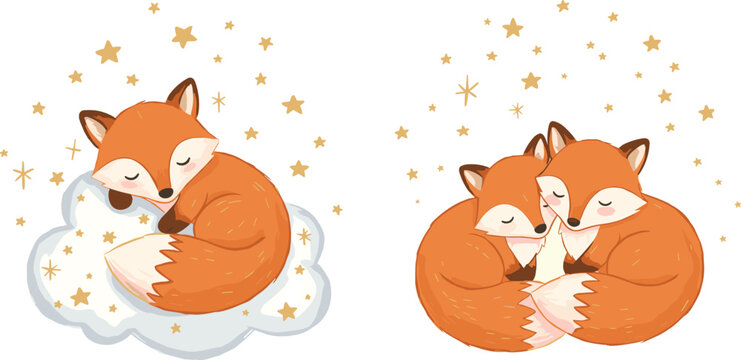 Cute sleeping fox, adorable fox family, night sky illustration, cozy woodland animals, dreamy stars, peaceful wildlife, cartoon artwork, bedtime illustration, fantasy art - Powered by Adobe