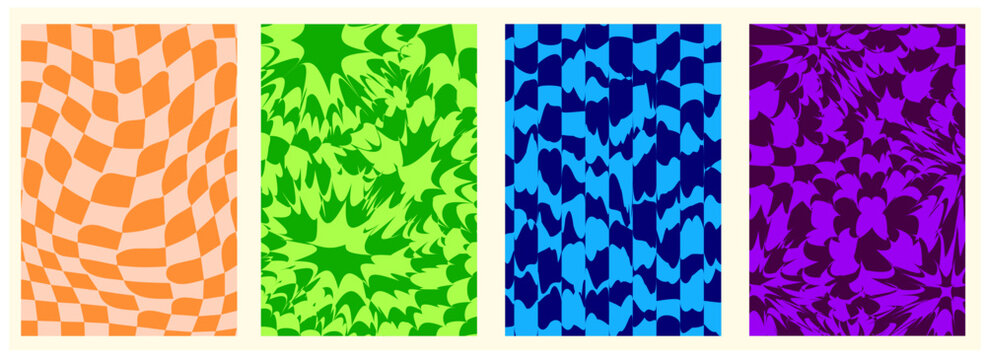 Colorful abstract geometric poster collection with warped checkerboard patterns and psychedelic organic textures in vibrant modern colors for trendy contemporary backgrounds.