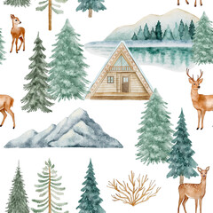 A detailed seamless digital watercolor pattern featuring mountain peaks, a forest lake, a small cabin, and deer, set in a peaceful winter landscape.
