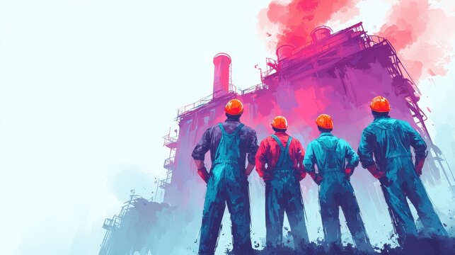 Industry Professionals at Work: A team of industry workers, clad in workwear, stands united against a backdrop of an industrial plant with a smoking chimney.