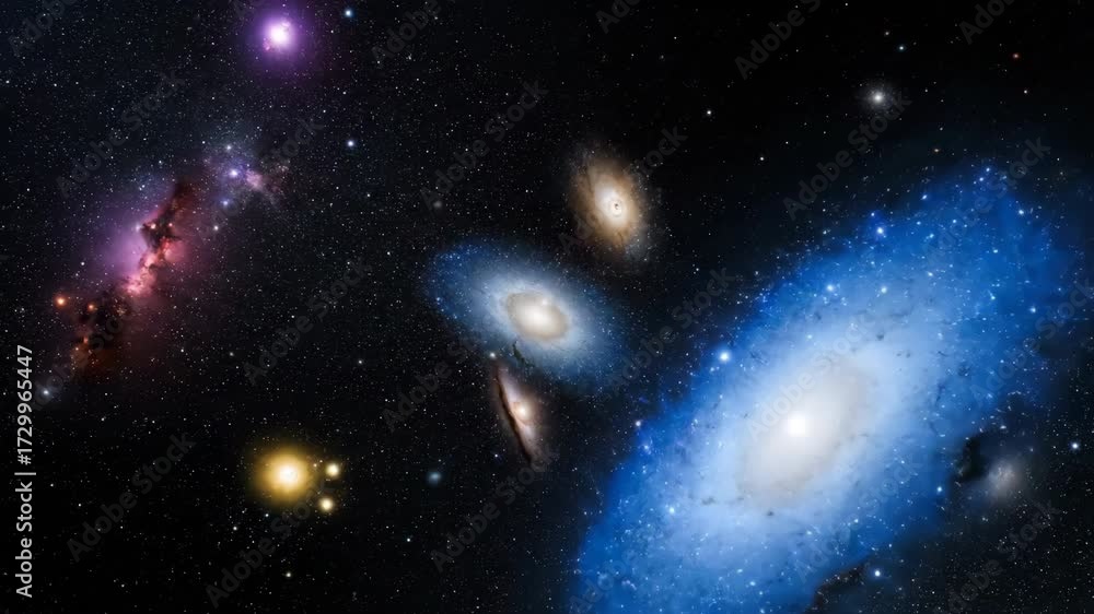 Poster deep cosmic field revealing countless distant galaxies, subtly shifting and evolving in a vast, anci