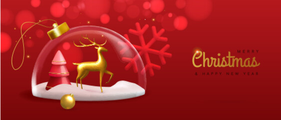 Merry Christmas and Happy New Year banner with 3d glass ball, Christmas tree and golden deer statuette on red background. Vector illustration