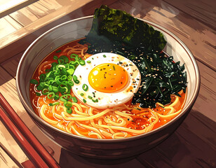 A delicious bowl of Japanese ramen noodle soup with a boiled egg, nori seaweed, and green onions. A hot and savory meal from Asian cuisine. Generative AI
