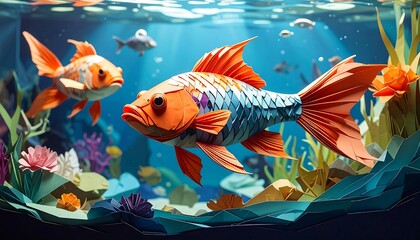 Colorful fish and underwater scene, paper art