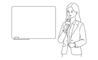 プレゼンを行うビジネス女性のモノクロ素材イラストアイコン