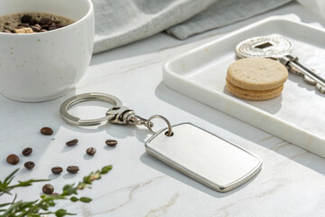 Silver keychain with blank tag and coffee cup on marble surface