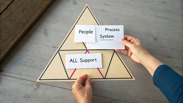 Hands arranging cards on a triangular diagram that highlights the connection between people, process, and system in business continuity strategies, emphasizing the importance of support.