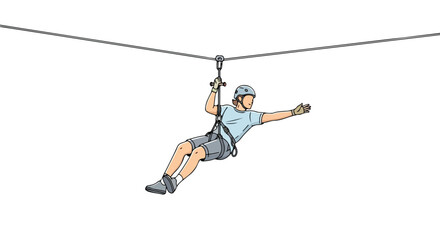 A cartoon illustration shows a person happily zip-lining in full gear against a plain background, conveying a sense of adventure and outdoor