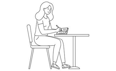 ノートにペンで書き込みテーブルで勉強する女性の線画スタイルアイコン