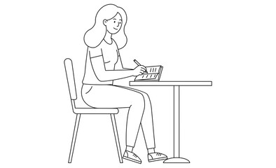ノートにペンで書き込みテーブルで勉強する女性の線画スタイルアイコン
