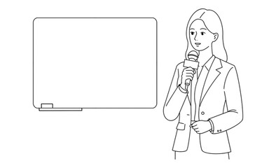 プレゼンを行うビジネス女性のモノクロ素材イラストアイコン