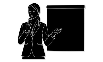 プレゼンを行うビジネス女性のモノクロ素材イラストアイコン