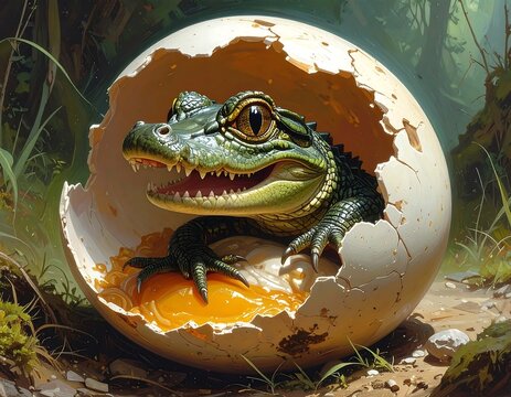 Baby alligator hatching from an egg