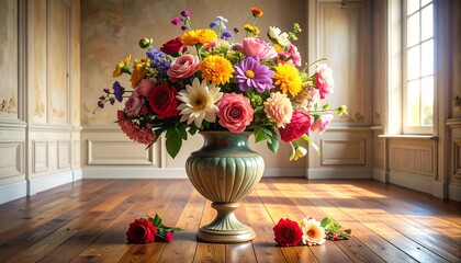 Colorful floral arrangement in an antique vase, bathed in sunlight