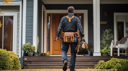 A man with full equipment walks in front of the house to repair