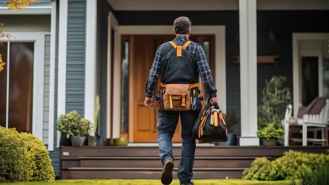 A man with full equipment walks in front of the house to repair