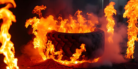 A tire is set ablaze, surrounded by intense flames and thick smoke, creating a visually striking effect in a dimly lit space, capturing a moment of chaos and excitement