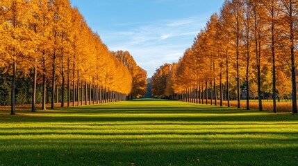 A picturesque alley lined with tall trees showcasing vibrant autumn foliage against a clear blue sky and lush green grass.