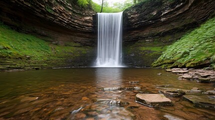 A serene waterfall cascades down into a tranquil pool, surrounded by lush greenery and rocky terrain.