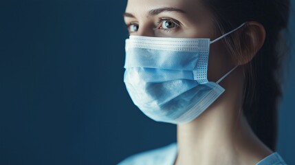 A close-up portrait of a woman wearing a blue medical mask.
