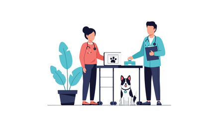 Veterinary clinic with doctors examining a dog vector illustration representing animal health and pet healthcare services in a modern clinic setting