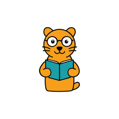 Cute cartoon tiger cub wearing glasses reading an open book joyfully vector