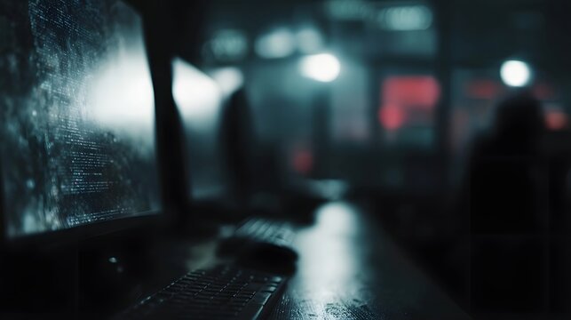 A computer screen displaying code in a dark atmospheric room with blurred figures in the background