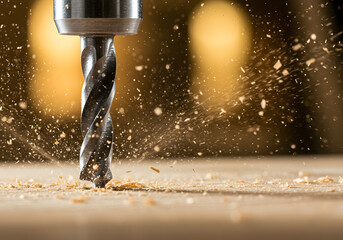 Closeup of a drill bit drilling into a wooden surface, creating sawdust and debris