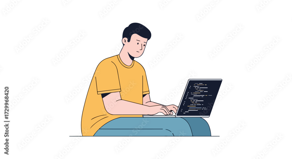 Wall mural focused young developer coding on laptop, working remotely on software project with white background