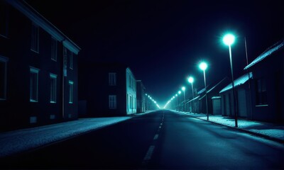 Blue Tinted Night Street with Illuminated Streetlights and Row of Residential Buildings