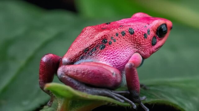 Vibrant pink frog on green leaf exotic wildlife photography