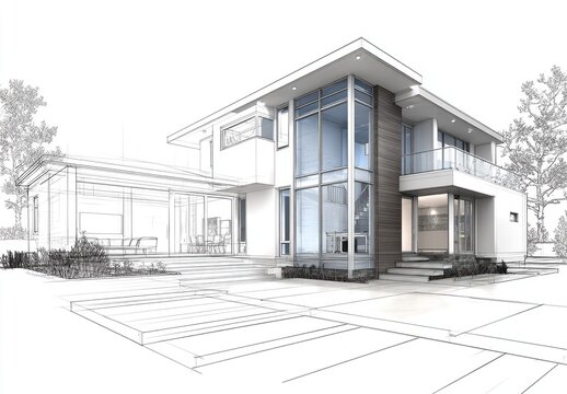 Architectural rendering of a modern home with large windows and open design
