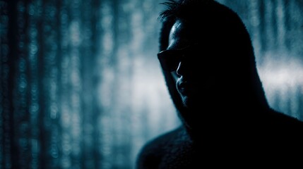Anonymous figure in silhouette against a digital binary code background