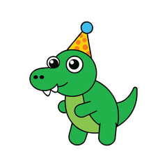 Cute cartoon green dinosaur wearing a festive party hat smiling happily vector