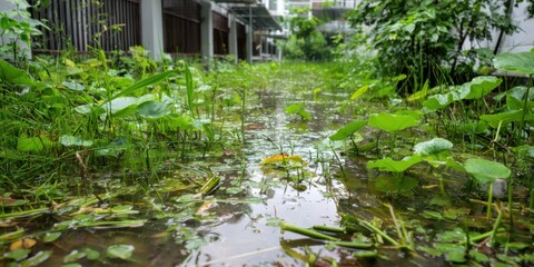Authentic Urban Flooding in Suburban Garden Professional Environmental Awareness Content for Climate Impact Marketing and Social Media Campaigns